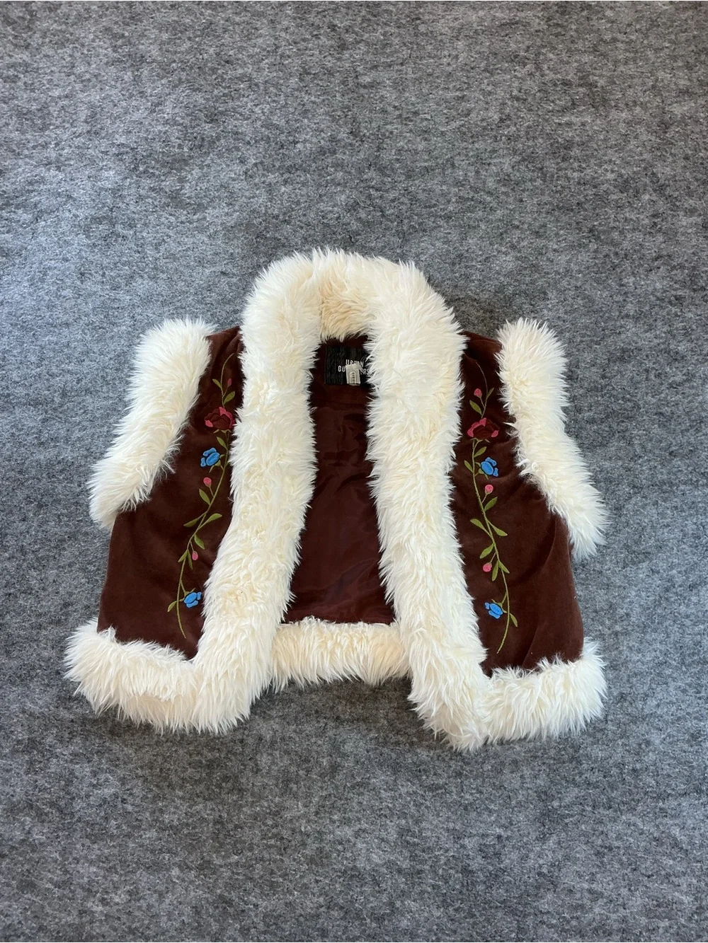 Urban Outfitters Penny Lane Brown Vest with Faux Fur Trim and Embroidery Size S